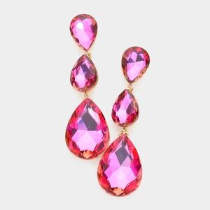 Fuchsia Crystal Dangle Earrings 2.75 Inch Triple Tear Drop Jewelry